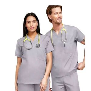 Allheart Unisex Solid Grey V-Neck Chest Pocket Medical Scrub Top Plus Size 3XL